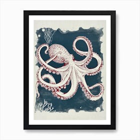 Red Linocut Inspired Octopus 1 Art Print