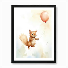 Baby Squirrel Flying With Ballons, Watercolour Nursery Art 4 Art Print