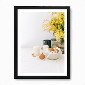 Easter Table With Eggs And Flowers Art Print