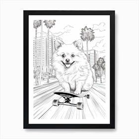 Pomeranian Dog Skateboarding Line Art 1 Art Print