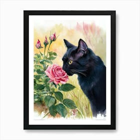 Black Cat Smelling Roses Art Print