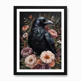 Crow with Flowers Moody Style Art Print