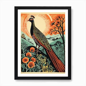 Vintage Bird Linocut Pheasant 1 Art Print