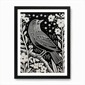 B&W Bird Linocut Blackbird 4 Art Print