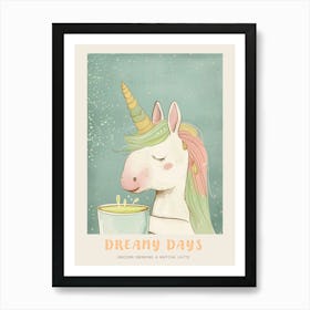 Pastel Storybook Style Unicorn Drinking A Matcha Latte 2 Poster Art Print