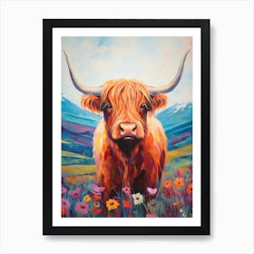 Floral Digital Illustration Of Highland Cow 1 Art Print