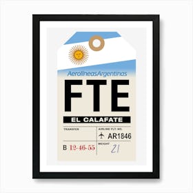 El Calfate (FTE) Argentina Vintage Airline Luggage Tag Art Print