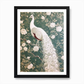 White Peacock Vintage Floral Wallpaper 1 Art Print