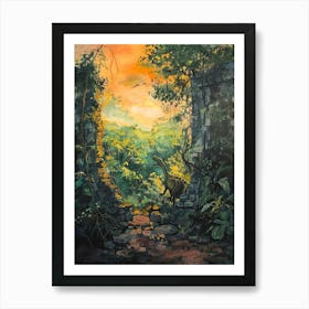 Dinosaur By An Abandoned Wall Covered In Vines Painting Art Print