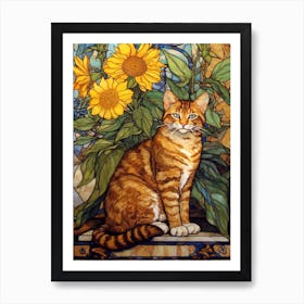Sunflower With A Cat 1 Art Nouveau Style Art Print