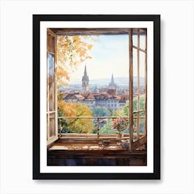 Window View Of Bern Switzerland In Autumn Fall, Watercolour 1 Art Print