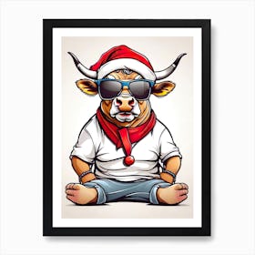 Bull Christmas Hat Art Print