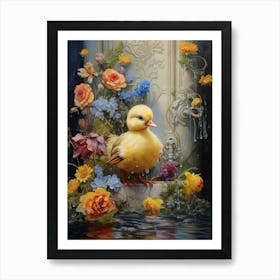 Duckling In The Fountain Floral Painting 1 Art Print