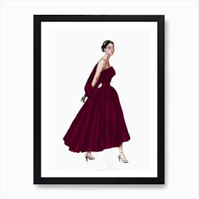 Watercolor painting of a woman in a vintage burgundy dress Art Print