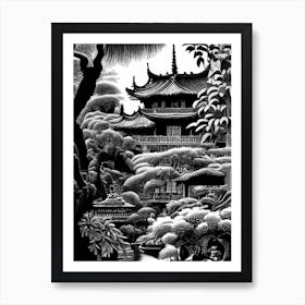 Yuyuan Garden, China Linocut Black And White Vintage Art Print