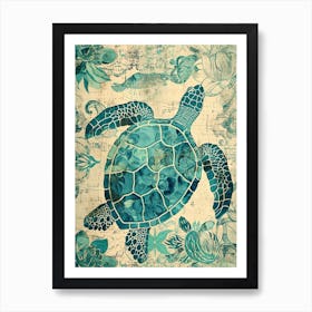 Floral Sea Turtle Wallpaper Style 4 Art Print