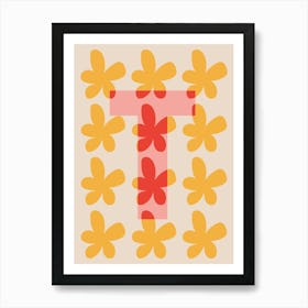 Alphabet Flower Letter T Print - Pink, Yellow, Red Art Print