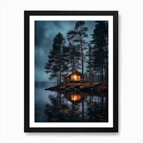 Cabin In The lake by night Art Print