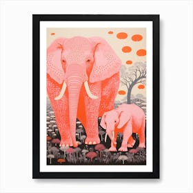 Pink Elephant Linocut Inspired Art Print