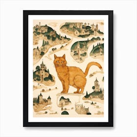 Medieval Village On A Map With A Ginger Cat Art Print