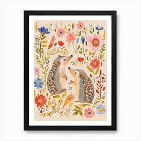 Folksy Floral Animal Drawing Hedgehog Art Print