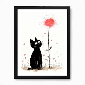 Black Cat With Flower Art Print