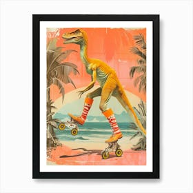 Retro Dinosaur Roller Skating 1 Art Print