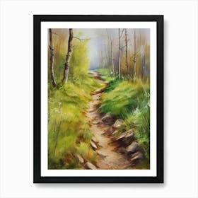 Path In The Woods.Canada's forests. Dirt path. Spring flowers. Forest trees. Artwork. Oil on canvas.17 Art Print