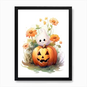 Cute Ghost With Pumpkins Halloween Watercolour 5 Art Print