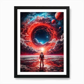 Amidst surreal planets, a lone astronaut witnesses a galactic fantasy—the universe collapsing into a cosmic dance around a devouring black hole. Art Print