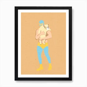 Wrestler With Dog, man, puppy, love, illustration, wall art Art Print