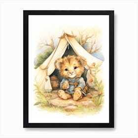 Camping Watercolour Lion Art Painting 1 Art Print