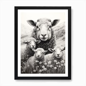 Black & White Illustration Of Highland Sheep With Lamb 1 Art Print