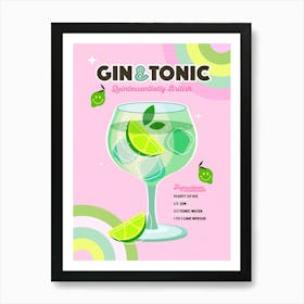 Gin and Tonic Cocktail - Retro Rainbow Pink and lime green Art Print