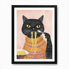 Cute Black Cat Eating Pasta Folk Illustration 4 Art Print