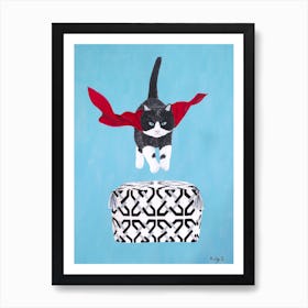Flying Black White Cat Over Pouf Art Print