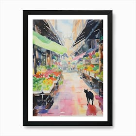 Food Market With Cats In Honolulu 1 Watercolour Art Print