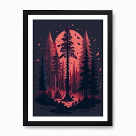 A Fantasy Forest At Night In Red Theme 76 Art Print