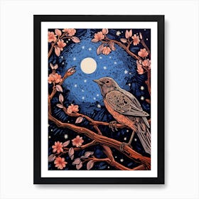 Birds And Branches Linocut Style 6 Art Print
