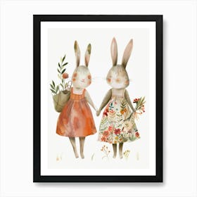 Two Bunnies Holding Flowers Art Print