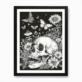 Dark Gothic Skull And Flowers Art Print