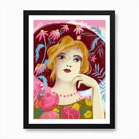 Lady With Hat And Flowers Portrait Art Print