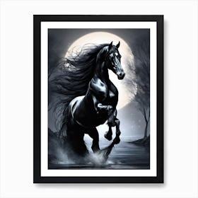 Black Horse In The Moonlight 2 Art Print