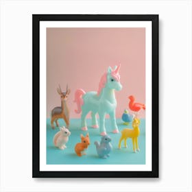 Toy Unicorn With Toy Woodland Friends Pastel Art Print