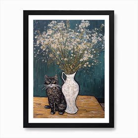 Still Life Of Queen Annes Lace With A Cat 6 Art Print