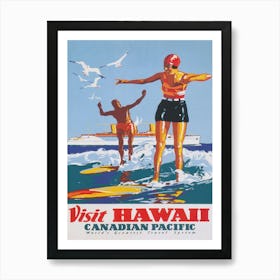 Hawaii Surfers Vintage Travel Poster 1 Art Print