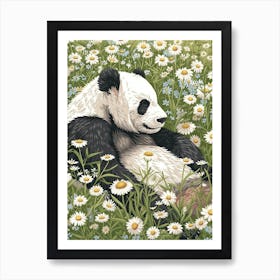 Giant Panda Resting In A Field Of Daisies Storybook Illustration 12 Art Print