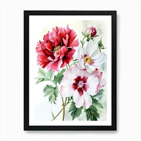 Botanical Watercolor Paint A Watercolor Piece Showcasing A Variety Of Blooming Flowers In Red And (1) Art Print