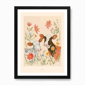 Folksy Floral Animal Drawing Cow Poster Art Print