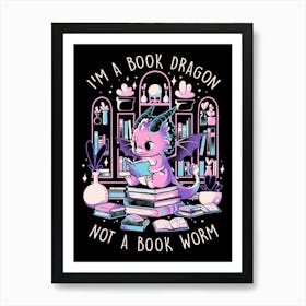 Book Dragon - Cute Dark Dragon Books Color Gift Art Print